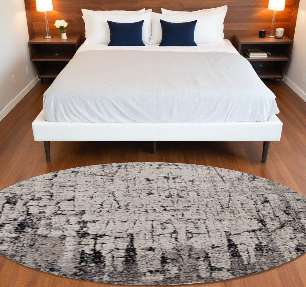 8' Gray and Ivory Round Area Rug - Homeroots