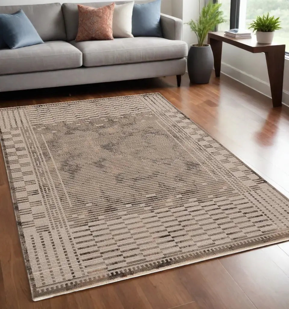 5' X 8' Natural Brown Machine Woven Abstract Lines Indoor Area Rug - Homeroots - Flyclothing LLC