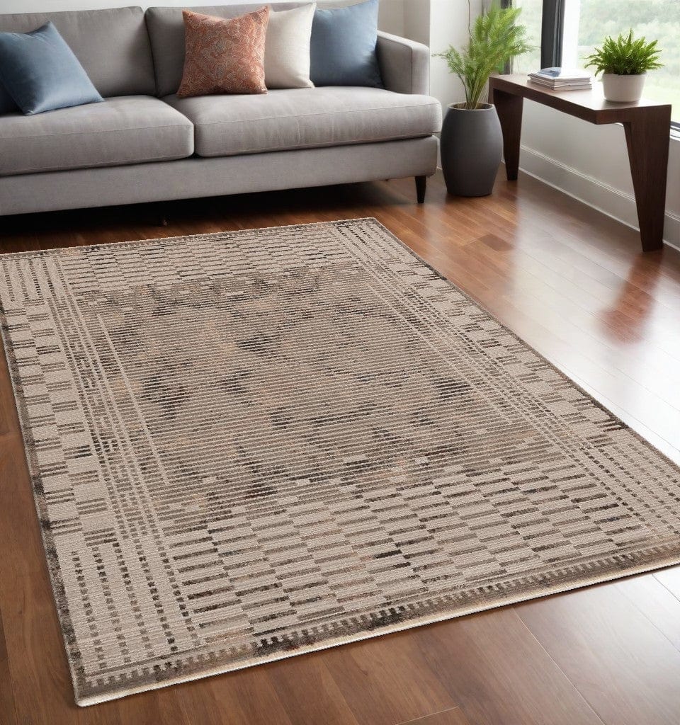 5' X 8' Natural Brown Machine Woven Abstract Lines Indoor Area Rug - Homeroots