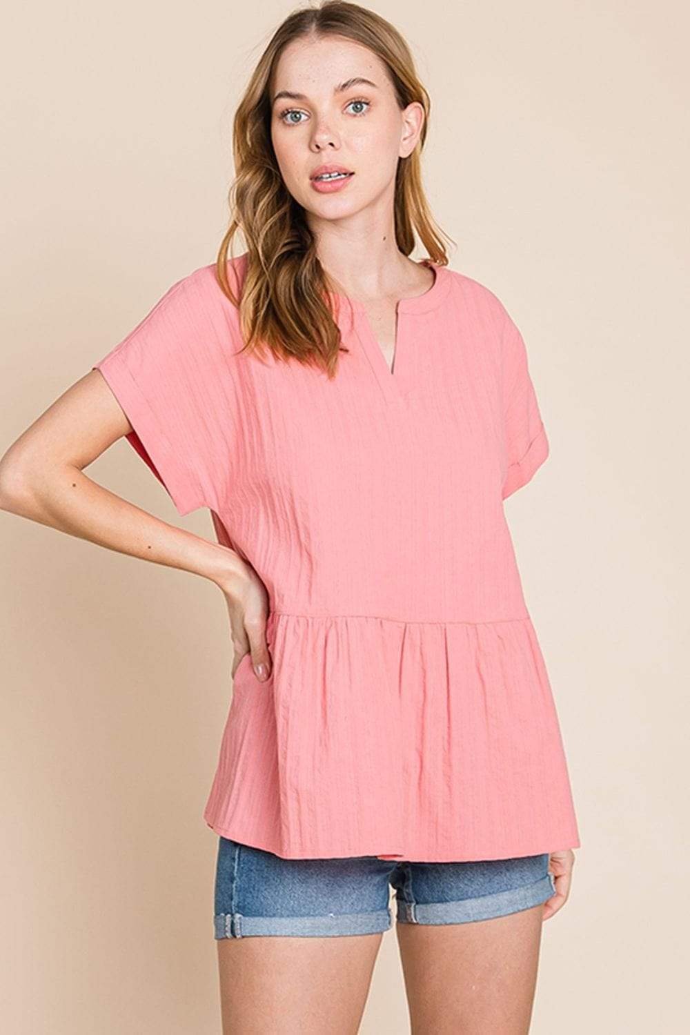 Cotton Bleu by Nu Label Notched Short Sleeve Peplum Top - Trendsi - Flyclothing LLC
