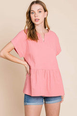 Cotton Bleu by Nu Label Notched Short Sleeve Peplum Top - Trendsi - Flyclothing LLC