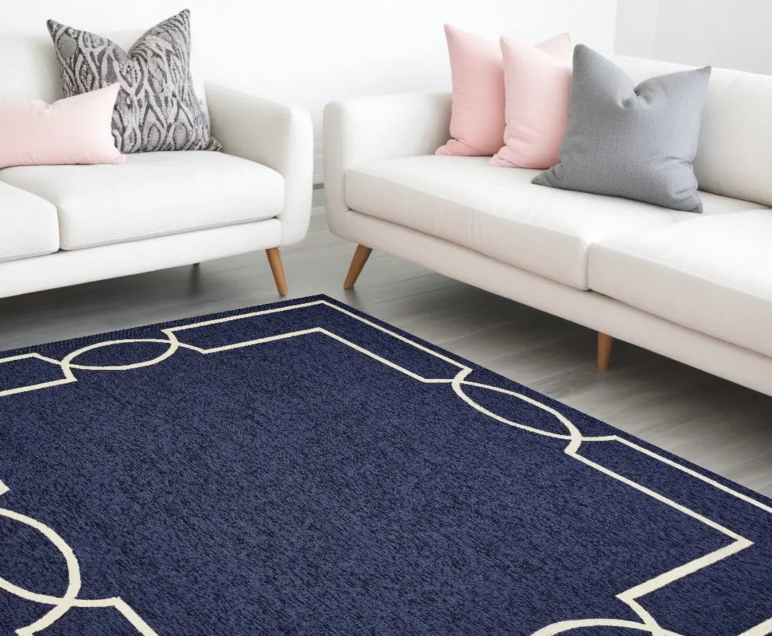 7' X 10' Navy and Ivory Geometric Hand Hooked Area Rug - Homeroots - Flyclothing LLC