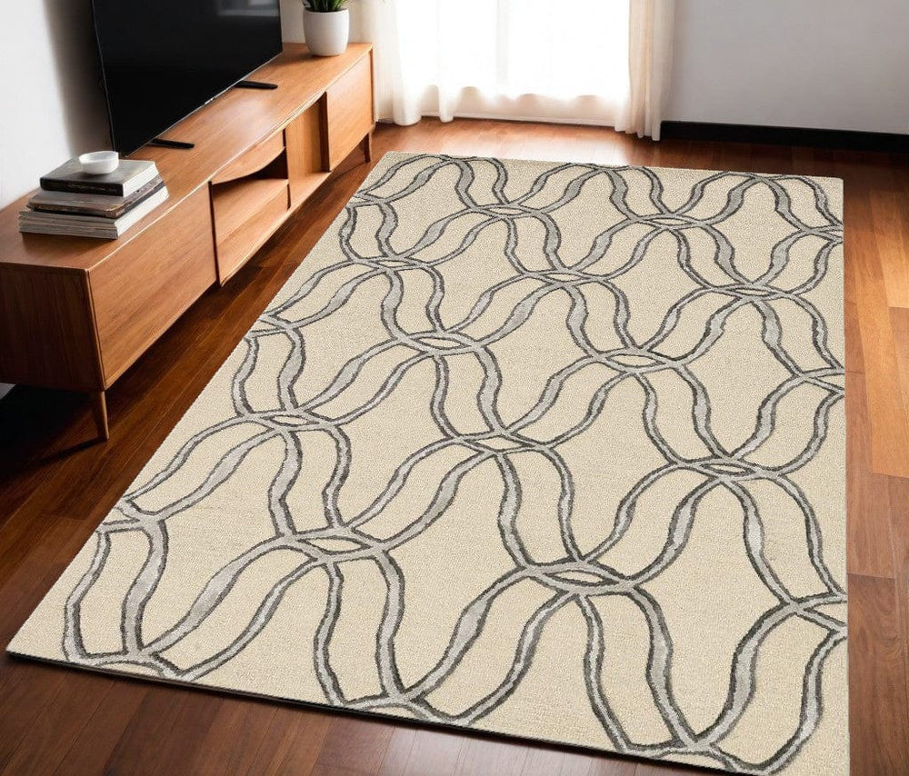 5' X 7' Beige and Silver Wool Vermicular Hand Tufted Area Rug - Homeroots