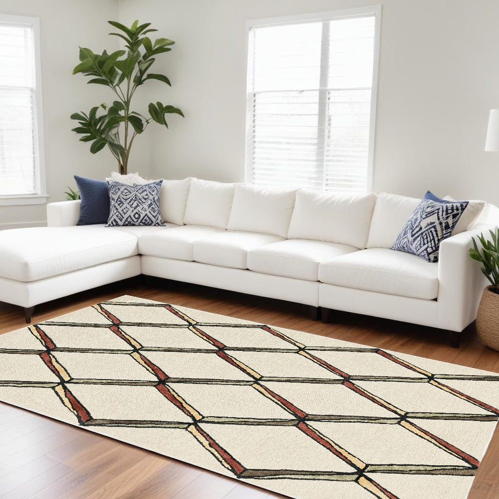 115' Beige Rust and Gold Wool Geometric Hand Tufted Area Rug - Homeroots