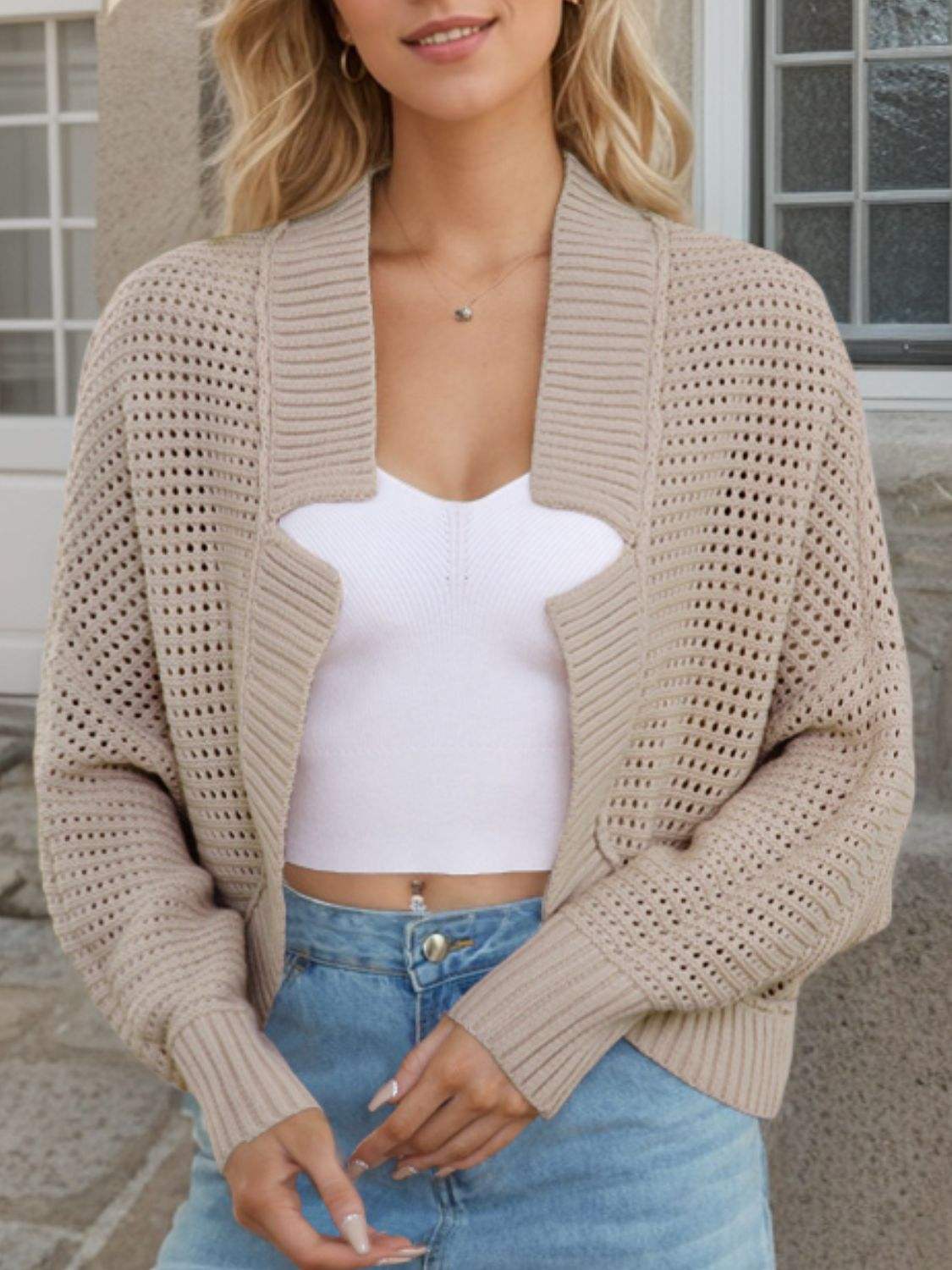 Openwork Open Front Long Sleeve Cardigan - Trendsi - Flyclothing LLC