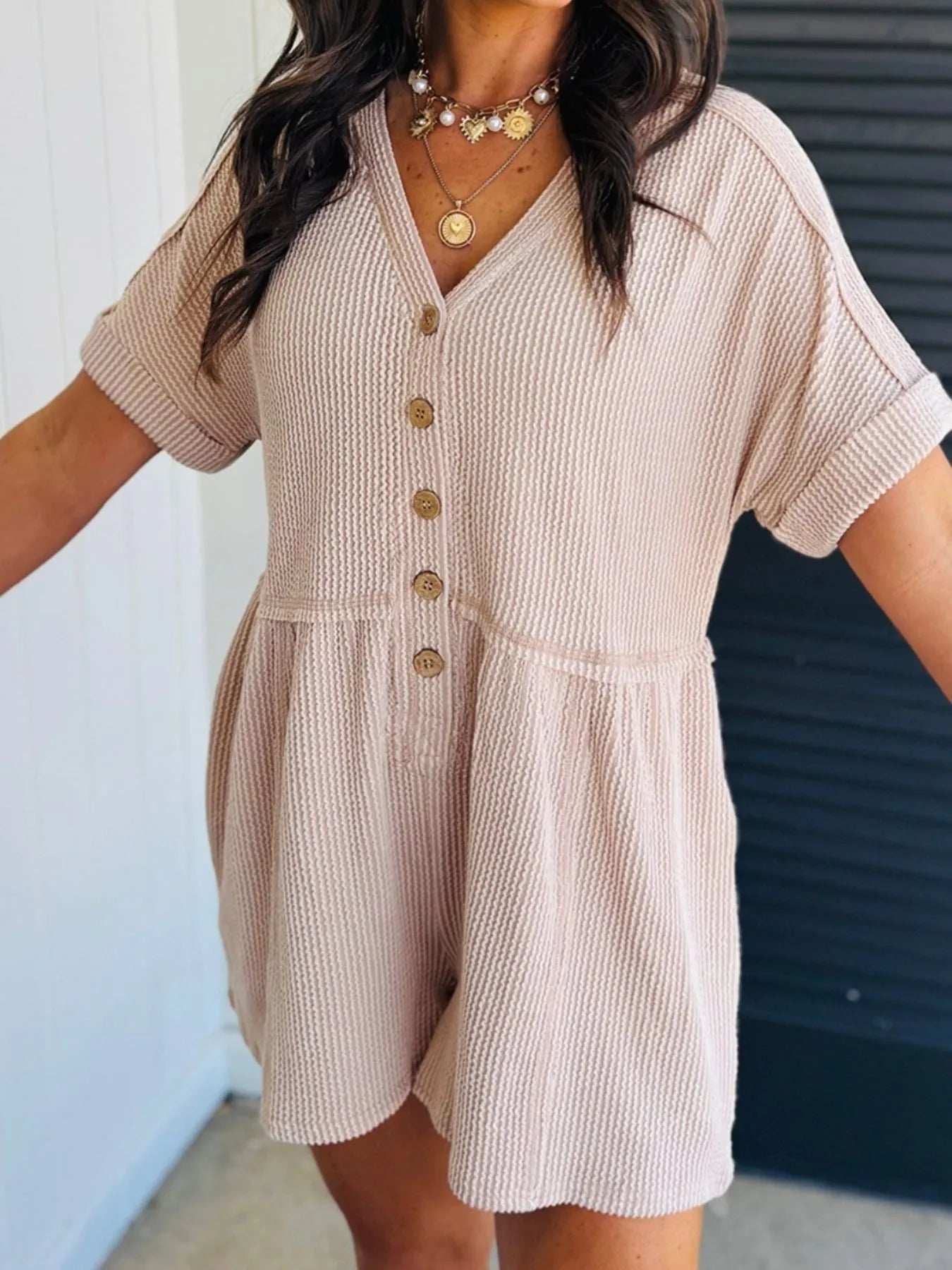 Casual Button-Front Ribbed Romper - Trendsi - Flyclothing LLC