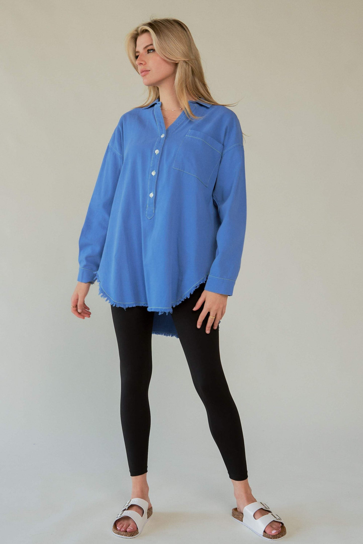 Davi & Dani Letter Back Raw Hem Half Button Shirt - Trendsi - Flyclothing LLC