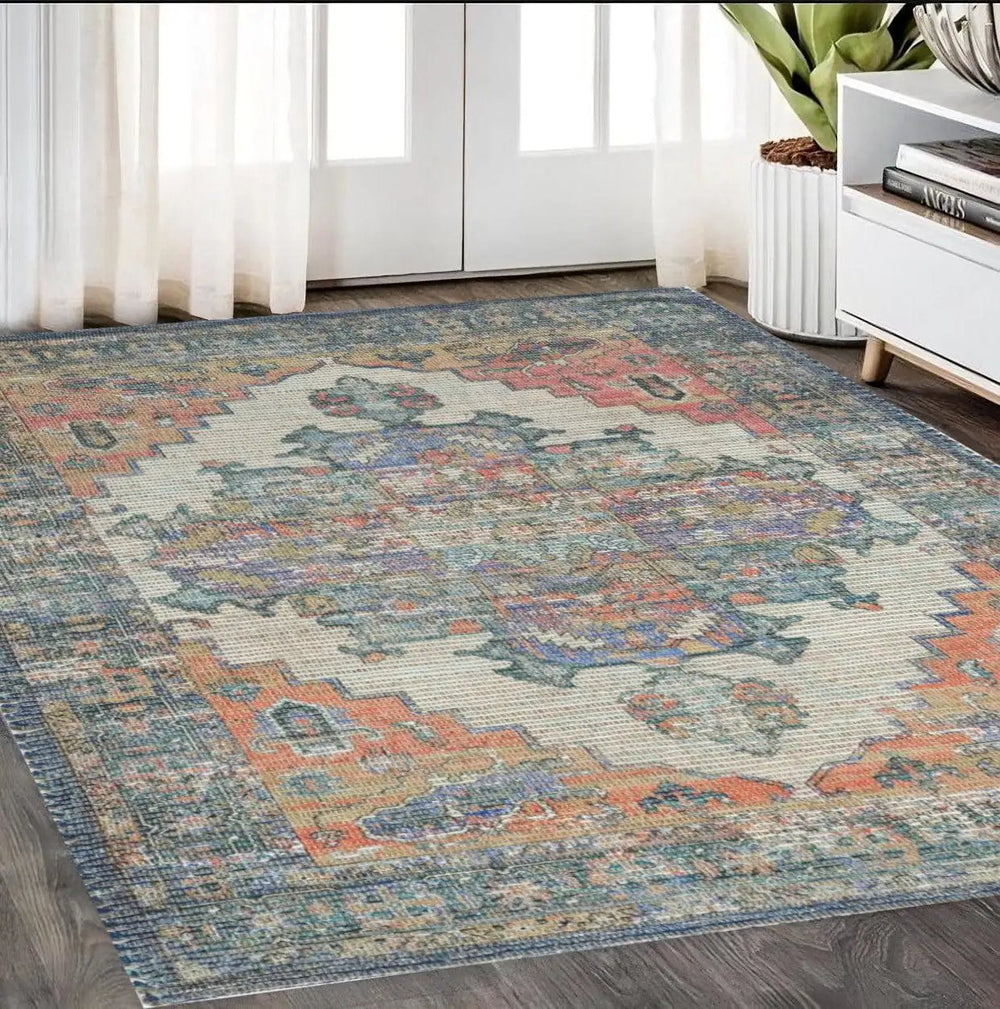 5' X 7' Orange Medallion Hand Woven Distressed Area Rug - Homeroots