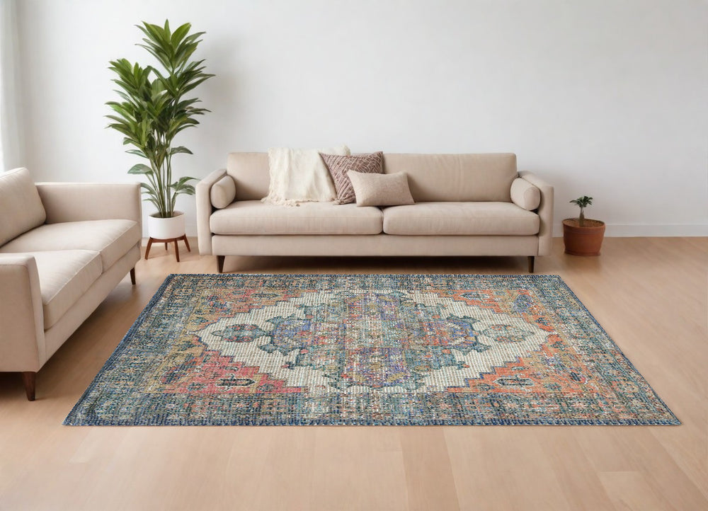 7' X 12' Blue Orange Hand Woven Traditional Medallion Indoor Area Rug - Homeroots