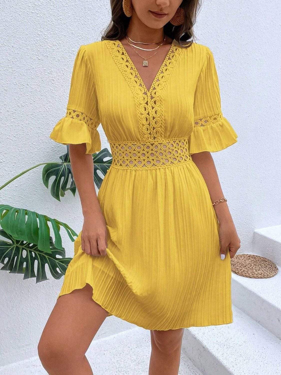 Cutout V-Neck Flounce Sleeve Mini Dress - Trendsi - Flyclothing LLC
