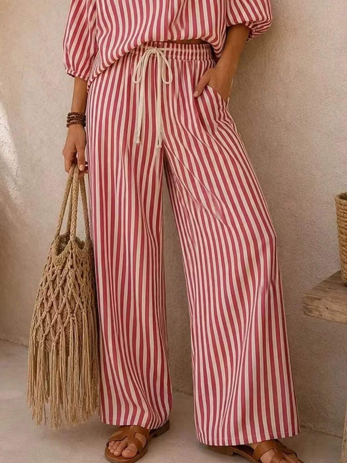 Full Size Striped Puff Sleeve Shirt and Wide-Leg Drawstring Pants Set Plus Size - Trendsi - Flyclothing LLC