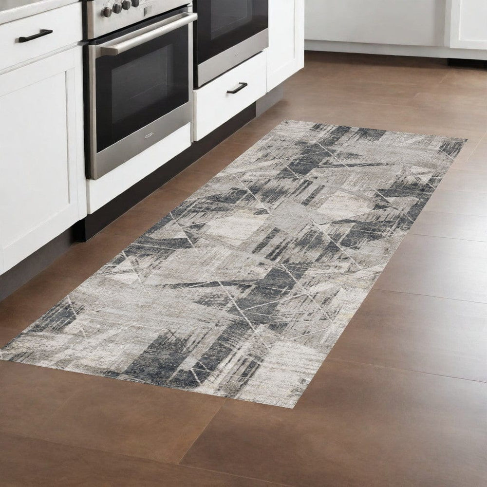 8' Grey Machine Woven Abstract Geometric Indoor Runner Rug - Homeroots