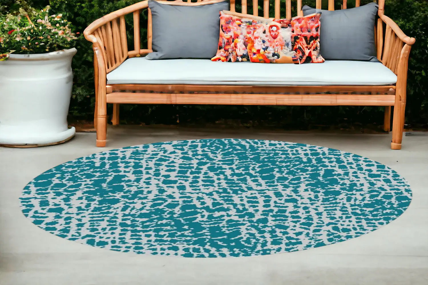 8' Round Teal Blue Abstract Indoor Outdoor Area Rug - Homeroots - Flyclothing LLC