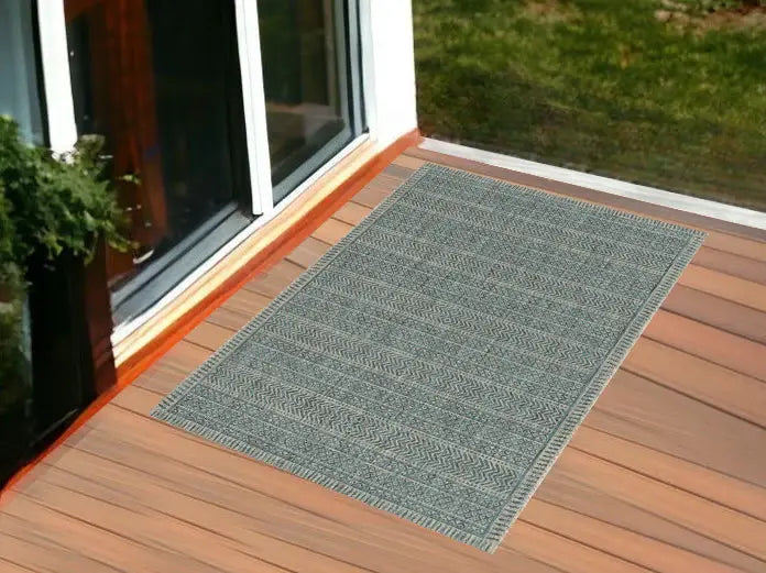 3' X 5' Teal Blue Geometric Indoor Outdoor Area Rug - Homeroots - Flyclothing LLC