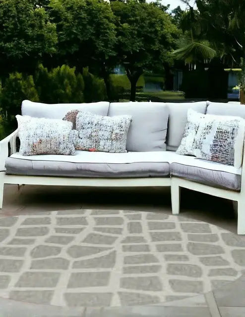 8' Round Ivory Or Grey Abstract Tiles Indoor Outdoor Area Rug - Homeroots - Flyclothing LLC