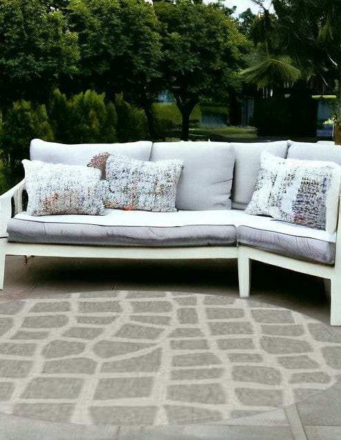 8' Round Ivory Or Grey Abstract Tiles Indoor Outdoor Area Rug - Homeroots - Flyclothing LLC