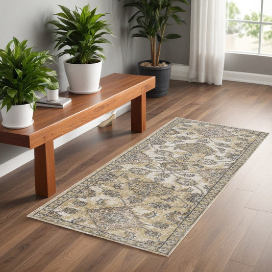 2' X 7' Ivory Sand Floral Vine Wool Indoor Runner Rug - Homeroots
