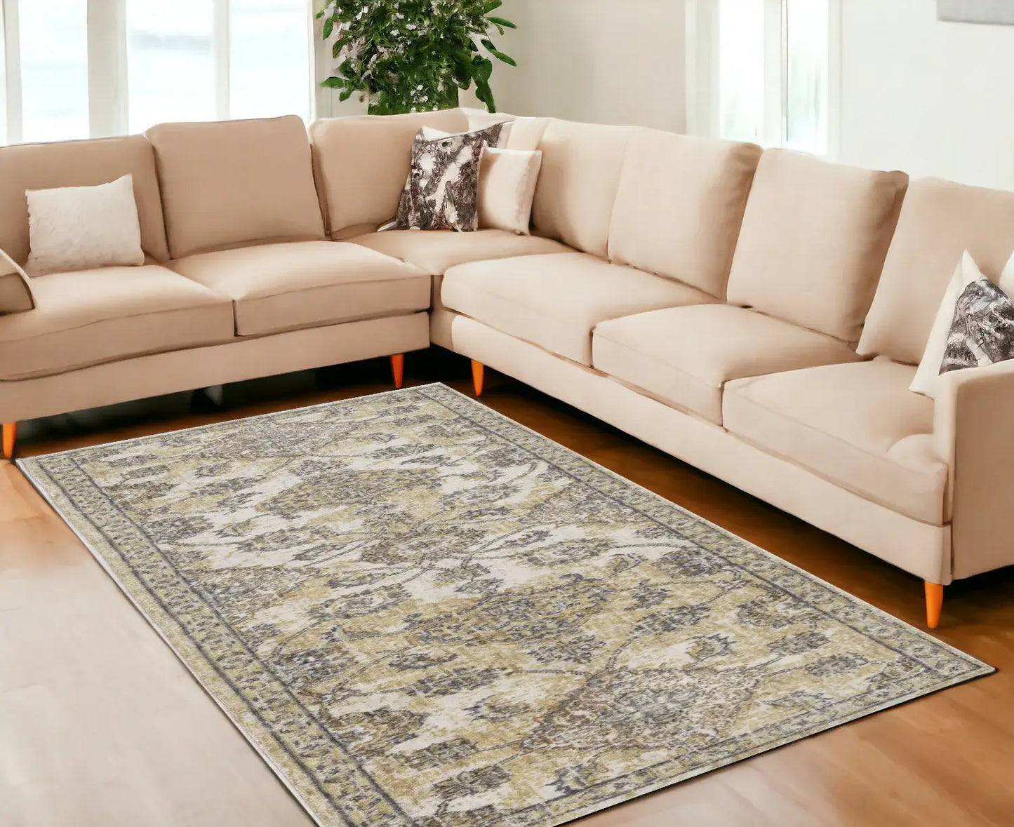 8' X 11' Ivory Sand Machine Woven Bordered Floral Vines Indoor Area Rug - Homeroots - Flyclothing LLC