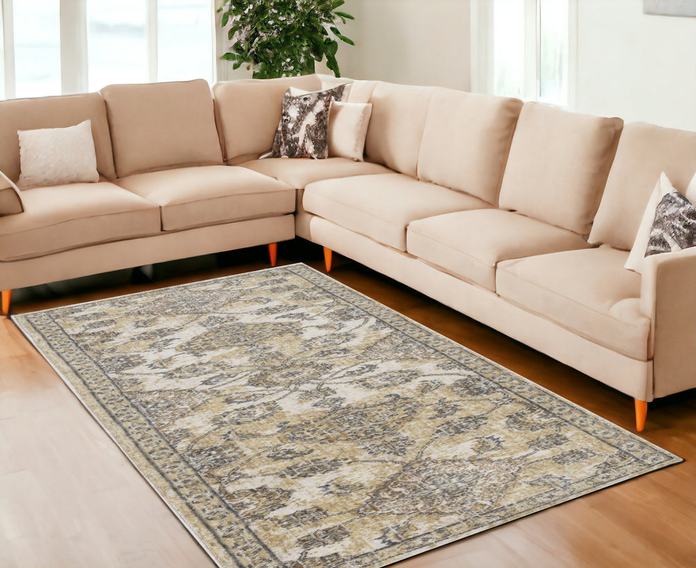 8' X 11' Ivory Sand Machine Woven Bordered Floral Vines Indoor Area Rug - Homeroots