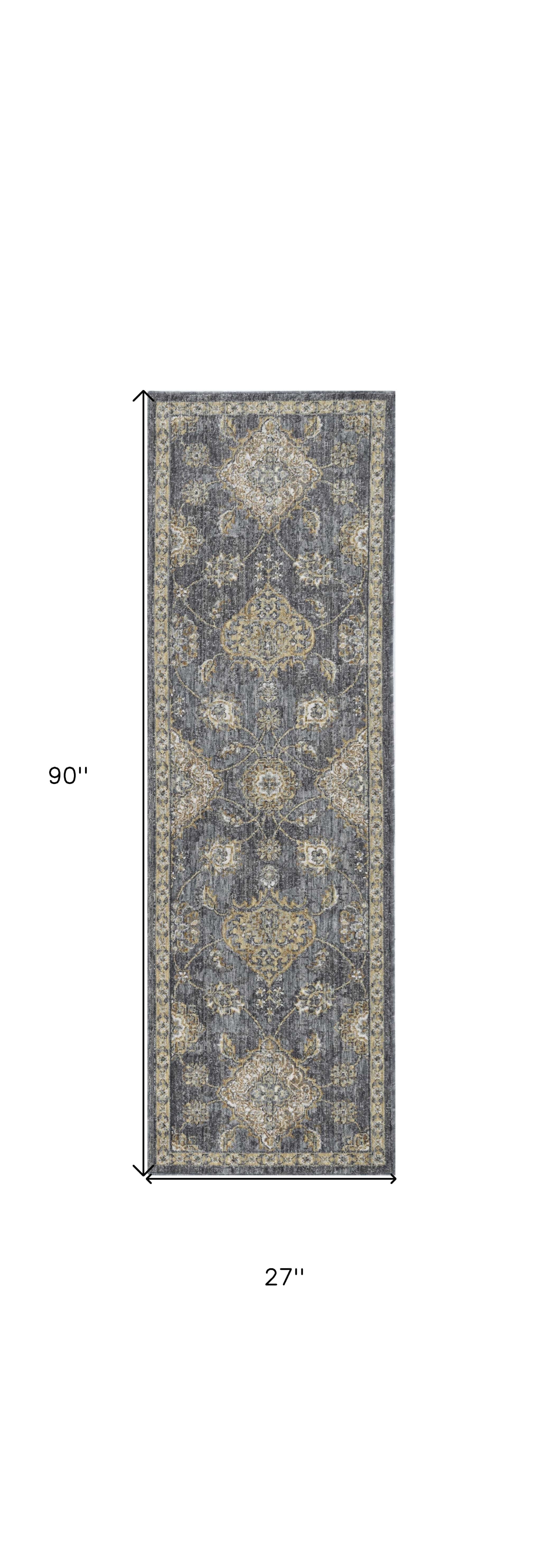 2' X 7' Slate Grey Floral Vine Wool Indoor Runner Rug - Homeroots