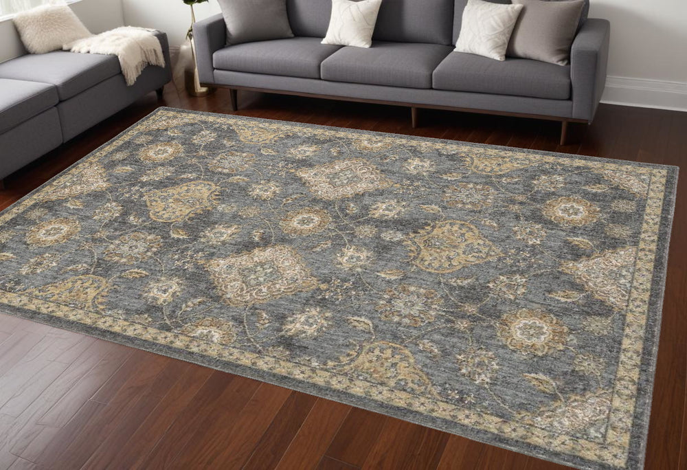 8' X 11' Slate Grey Machine Woven Bordered Floral Vines Indoor Area Rug - Homeroots