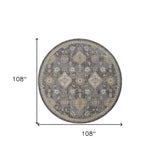 9' Slate Grey Machine Woven Bordered Floral Vines Round Indoor Area Rug - Homeroots - Flyclothing LLC