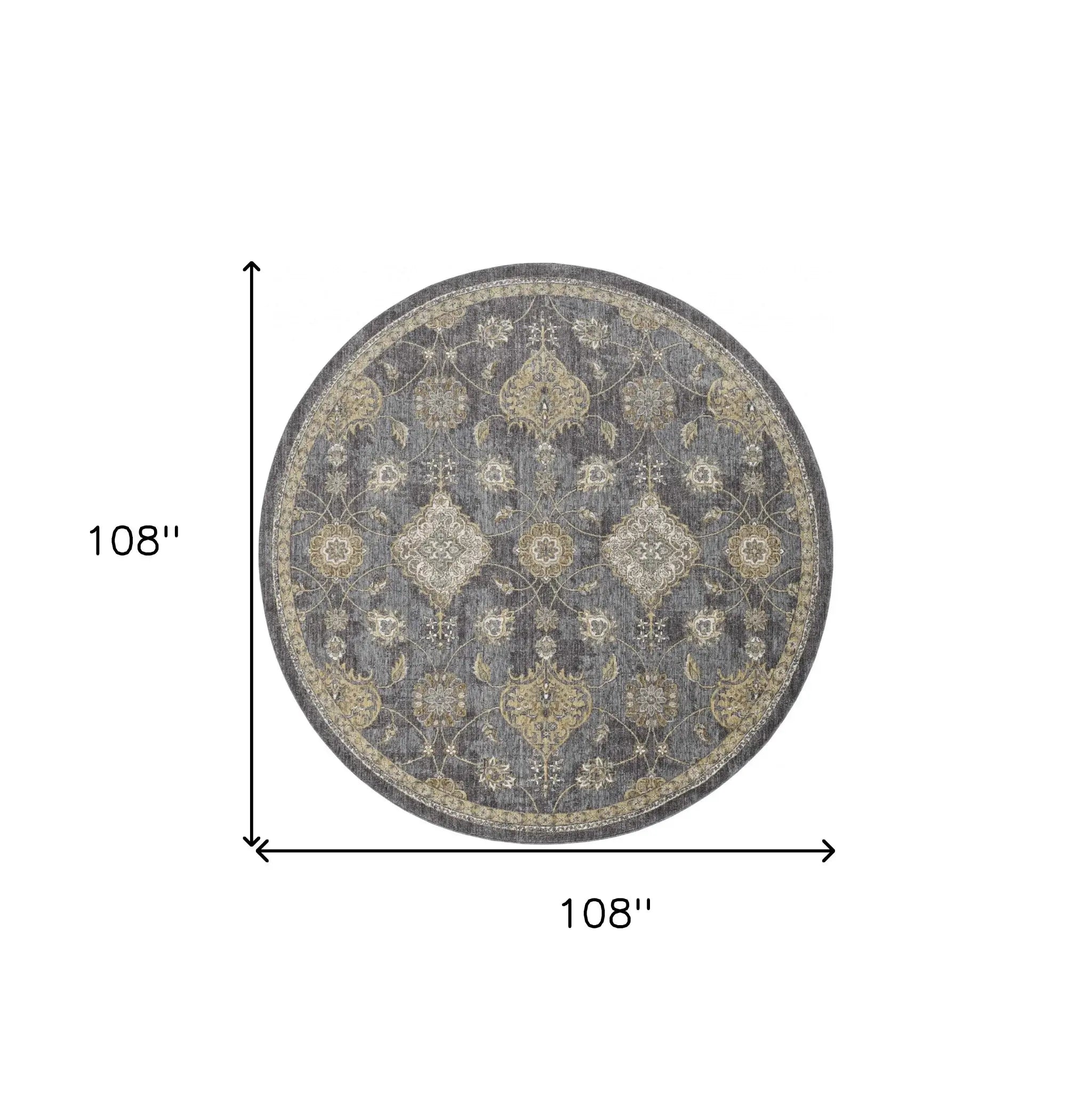 9' Slate Grey Machine Woven Bordered Floral Vines Round Indoor Area Rug - Homeroots - Flyclothing LLC