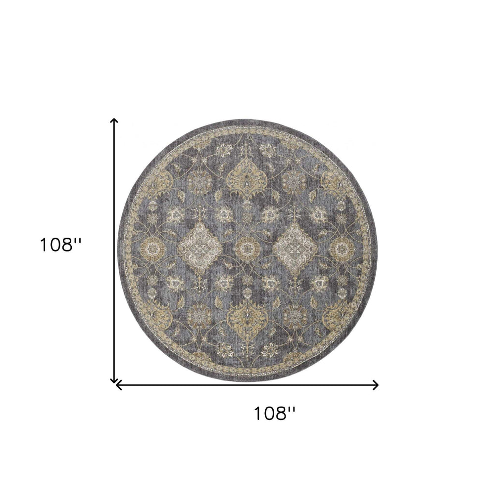 9' Slate Grey Machine Woven Bordered Floral Vines Round Indoor Area Rug - Homeroots - Flyclothing LLC