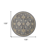 9' Slate Grey Machine Woven Bordered Floral Vines Round Indoor Area Rug - Homeroots