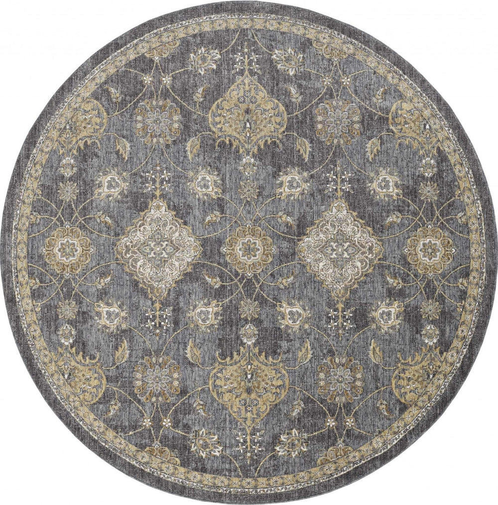 9' Slate Grey Machine Woven Bordered Floral Vines Round Indoor Area Rug - Homeroots - Flyclothing LLC