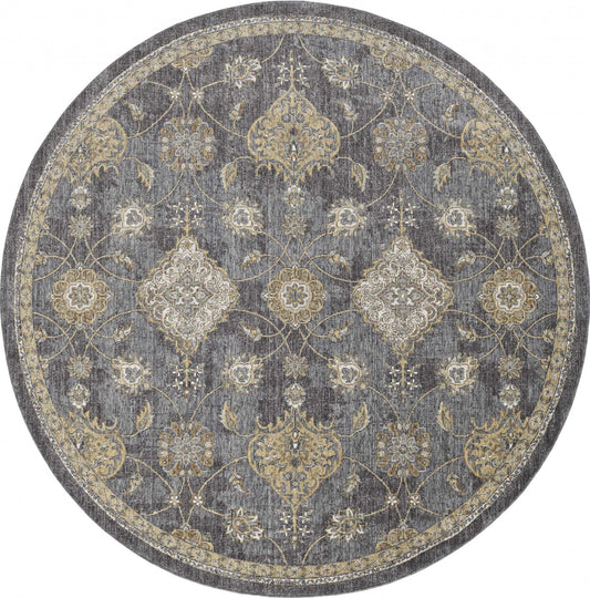9' Slate Grey Machine Woven Bordered Floral Vines Round Indoor Area Rug - Homeroots - Flyclothing LLC