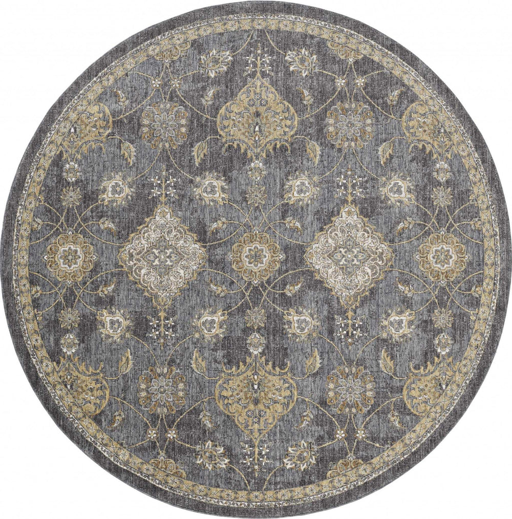 9' Slate Grey Machine Woven Bordered Floral Vines Round Indoor Area Rug - Homeroots - Flyclothing LLC