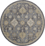 9' Slate Grey Machine Woven Bordered Floral Vines Round Indoor Area Rug - Homeroots