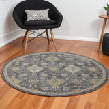 9' Slate Grey Machine Woven Bordered Floral Vines Round Indoor Area Rug - Homeroots