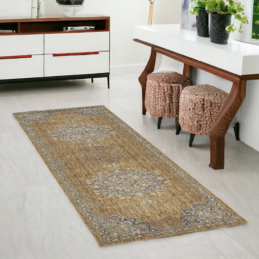 2' X 7' Coffee Vintage Medallion Bordered Wool Indoor Runner Rug - Homeroots