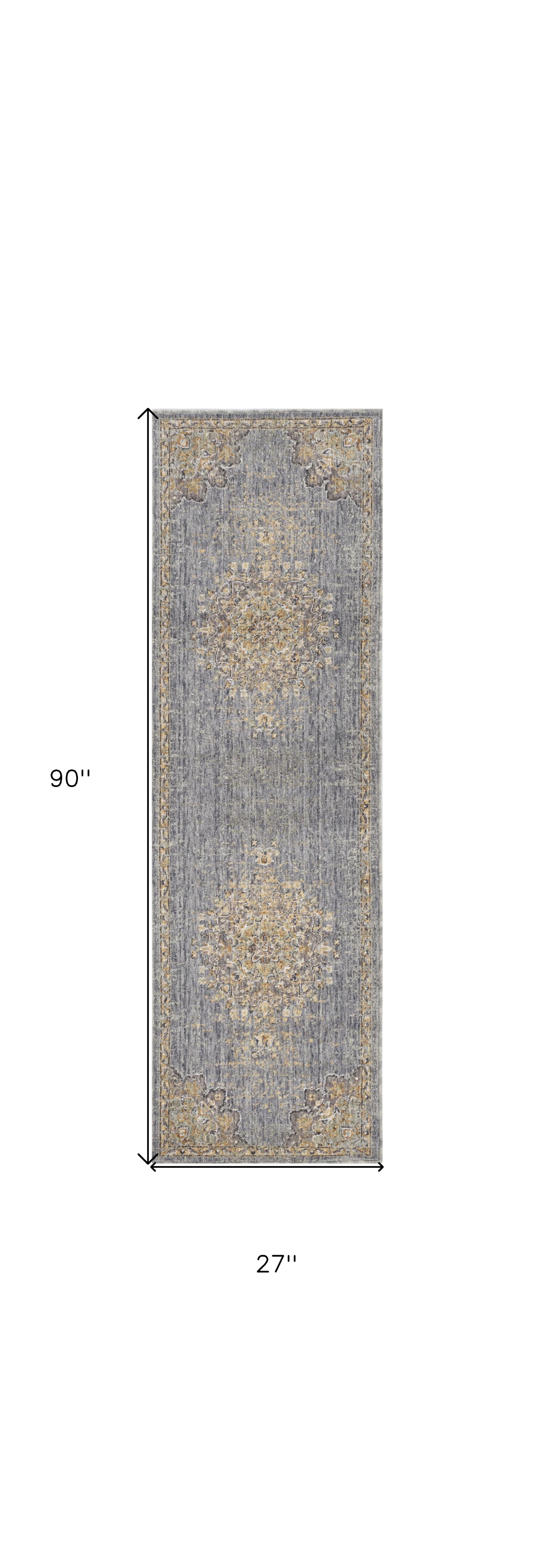 8' Slate Grey Machine Woven Vintage Traditional Indoor Runner Rug