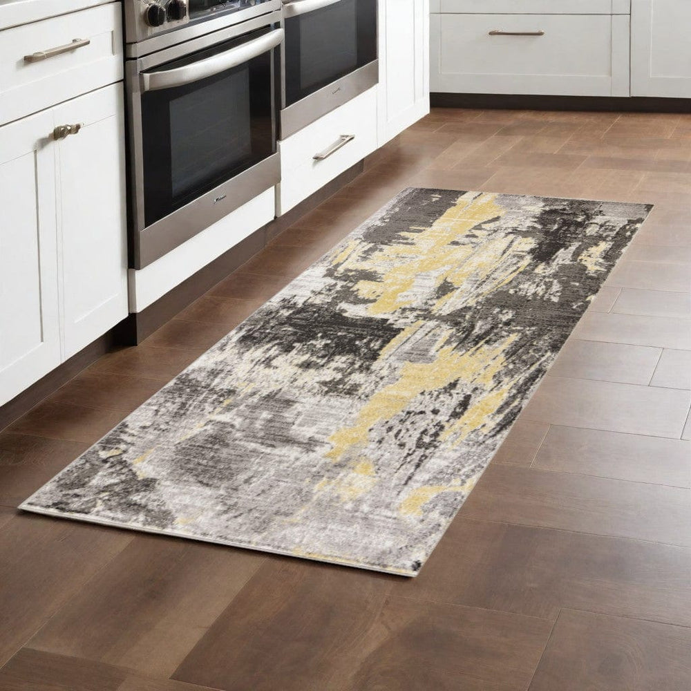 7' Grey Machine Woven Watercolor Splash Indoor Runner Rug - Homeroots