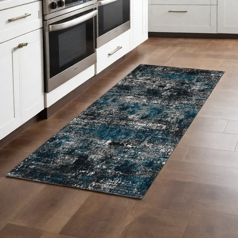 7' Grey Blue Machine Woven Abstract Indoor Runner Rug - Homeroots
