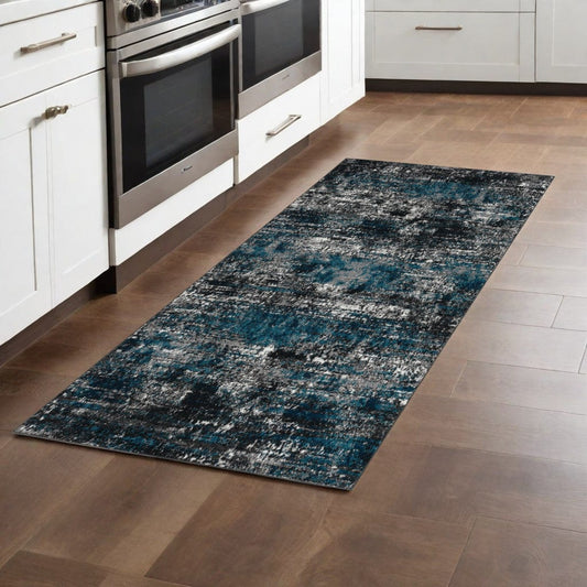 7' Grey Blue Machine Woven Abstract Indoor Runner Rug - Homeroots