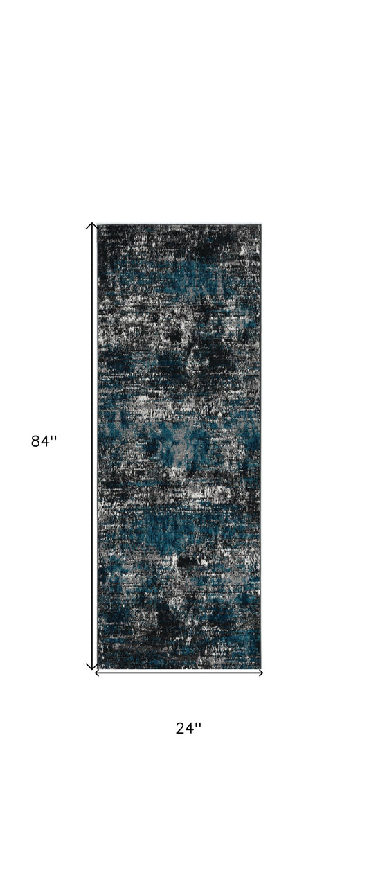 7' Grey Blue Machine Woven Abstract Indoor Runner Rug