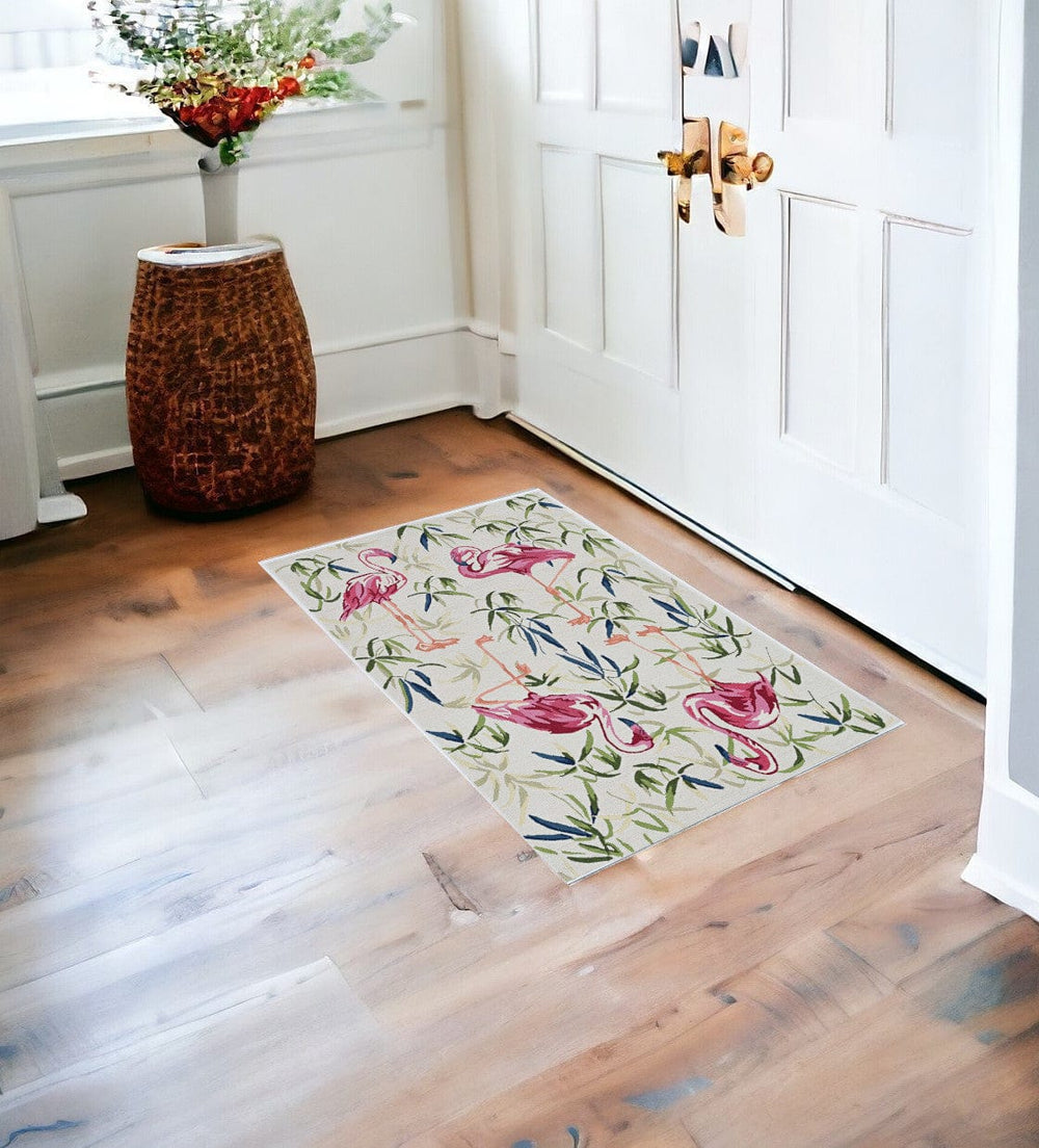 2' X 4' Ivory Pink Hand Hooked Flamingo Indoor Accent Rug - Homeroots