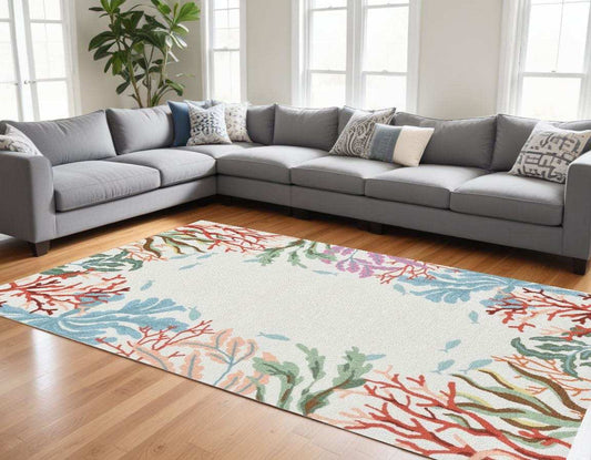 8' X 10' Ivory Hand Hooked Bordered Coral Reef Indoor Area Rug - Homeroots - Flyclothing LLC