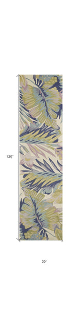 10' Ivory Pink and Green Wool Tropical Botanical Hand Tufted Runner Rug - Homeroots - Flyclothing LLC