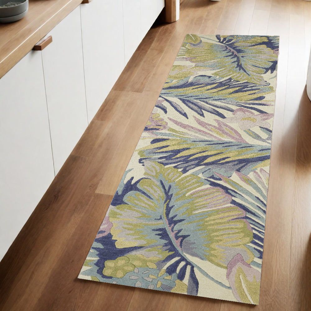 10' Ivory Pink and Green Wool Tropical Botanical Hand Tufted Runner Rug - Homeroots