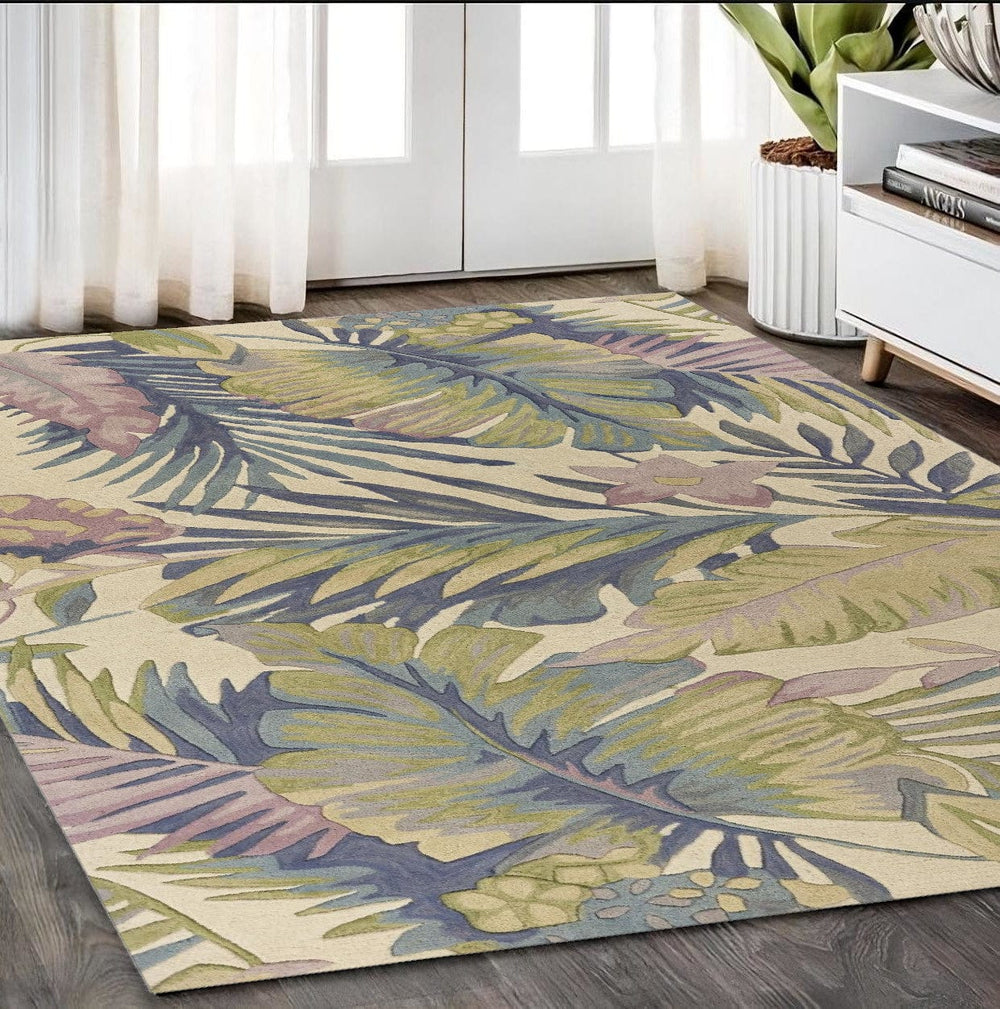 5' X 8' Pastel Ivory Hand Tufted Tropical Plants Indoor Area Rug - Homeroots