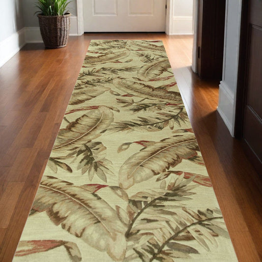 10' Ivory Hand Tufted Tropical Leaves Indoor Runner Rug