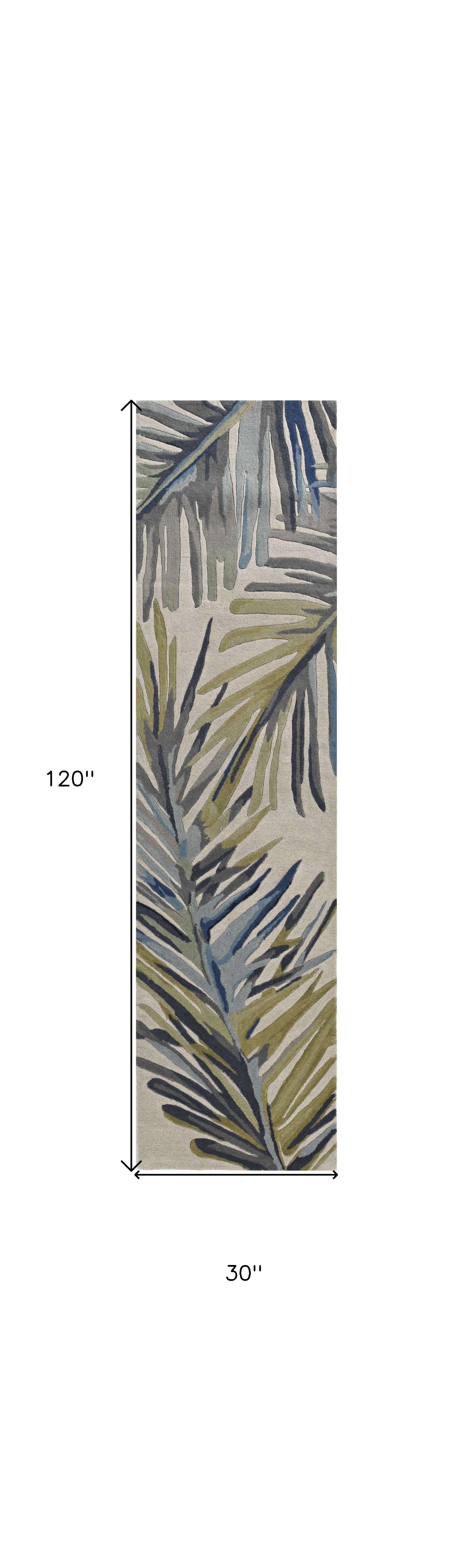 10' Ivory Blue Hand Tufted Tropical Palms Indoor Runner Rug - Homeroots