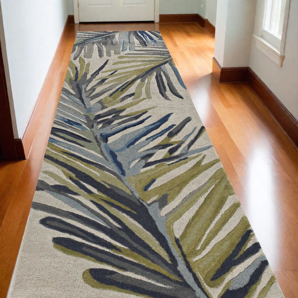 10' Ivory Blue Hand Tufted Tropical Palms Indoor Runner Rug - Homeroots