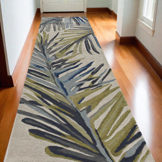10' Ivory Blue Hand Tufted Tropical Palms Indoor Runner Rug - Homeroots