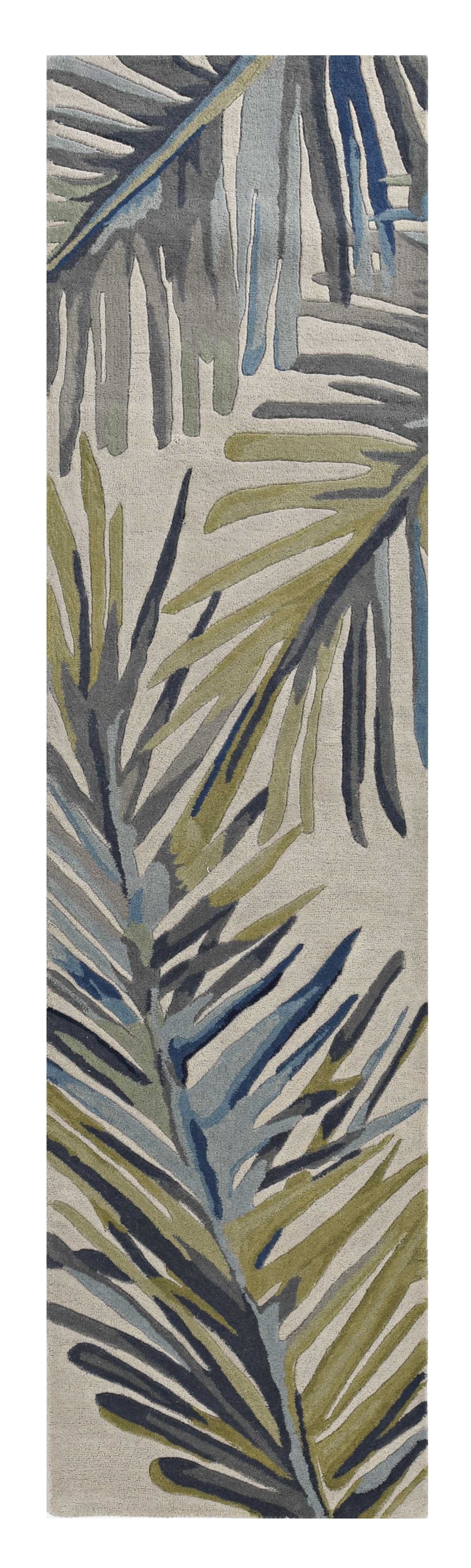 10' Ivory Blue Hand Tufted Tropical Palms Indoor Runner Rug - Homeroots